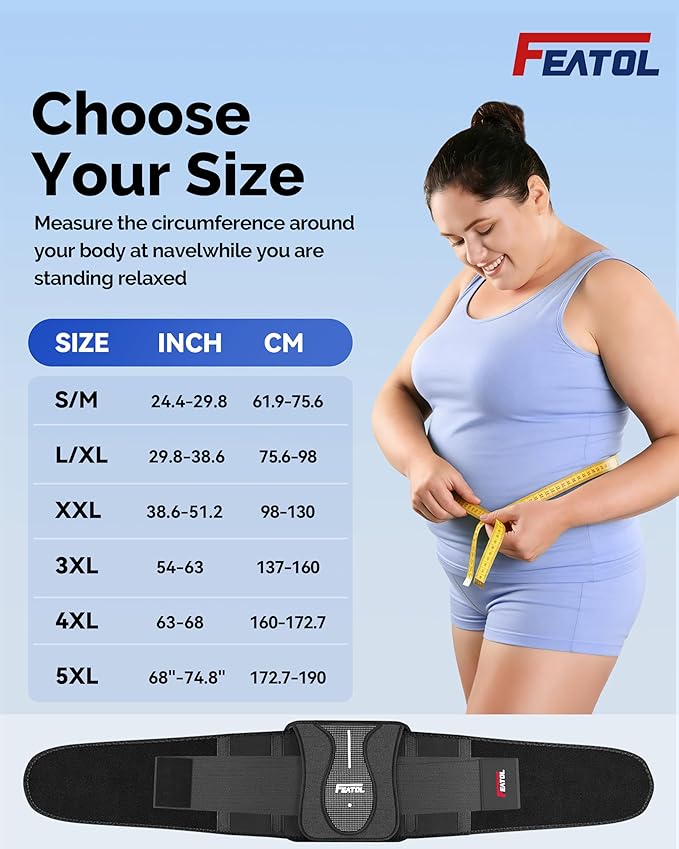 FEATOL Back Brace for Lower Back Pain Wide Coverage 360° Strong Lumbar Support with Removable Pad, Adjustable Waist Support Belt for Men Women, Size XX-Large 38.6"-51.2''