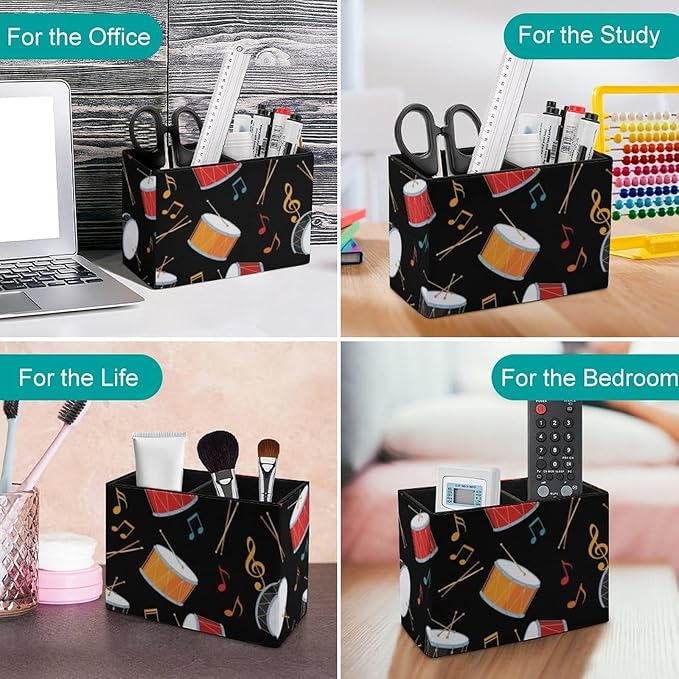 Square PU Leather Pencil Cup Black Drum Kit, Sleek Stationery Organizer for Your Workspace