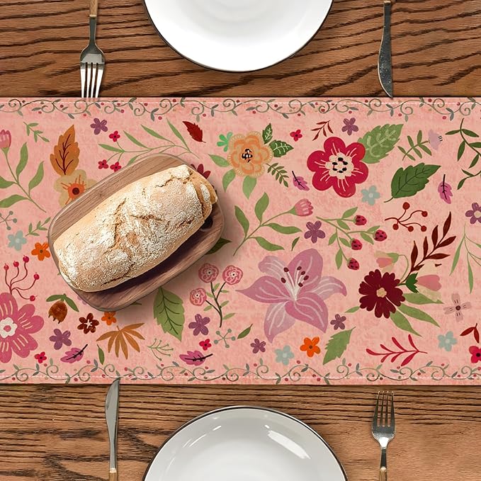 Boho Floral Pink Table Runner,Vintage Elegant Farmhouse Table Center Linen Decor,Country Rustic Farmhouse Magical Fall Kitchen Dining Table Decoration for Home Dining Party Decor 13x108 Inch