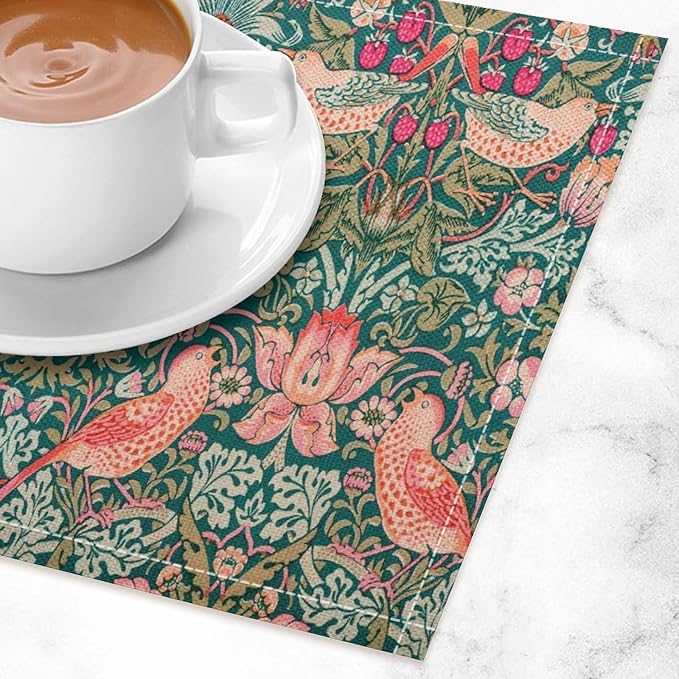 Vintage William Morris Placemats Strawberry Thief Botanical Art Vintage Floral Linen Washable Table Mats Stain Heat-Resistant Desktop Decor Place Mats for Home Kitchen Dining Party 12x18 in 6 Pcs