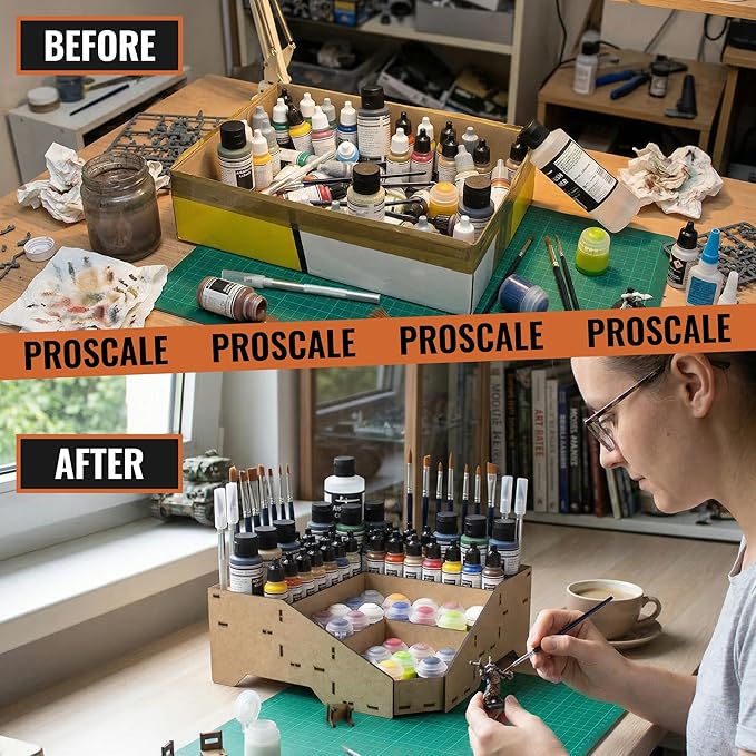 PROSCALE Universal Corner Paint Organizer for Miniatures Modeling Artists, Modular corner Paint Holder + Brush/Tool Compatible with Citadel, Vallejo, Army Painter, Tamiya, others (Module D)
