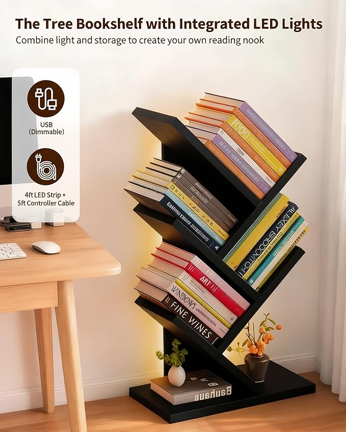 Godferyxin Bookshelf with Liting,Small Bookshelf LED and Desktop Book Shelf Light for Office, Home or School Mini Bookcase for Wood Displaying Books, CDs, Magazines Wood Shelf Rack