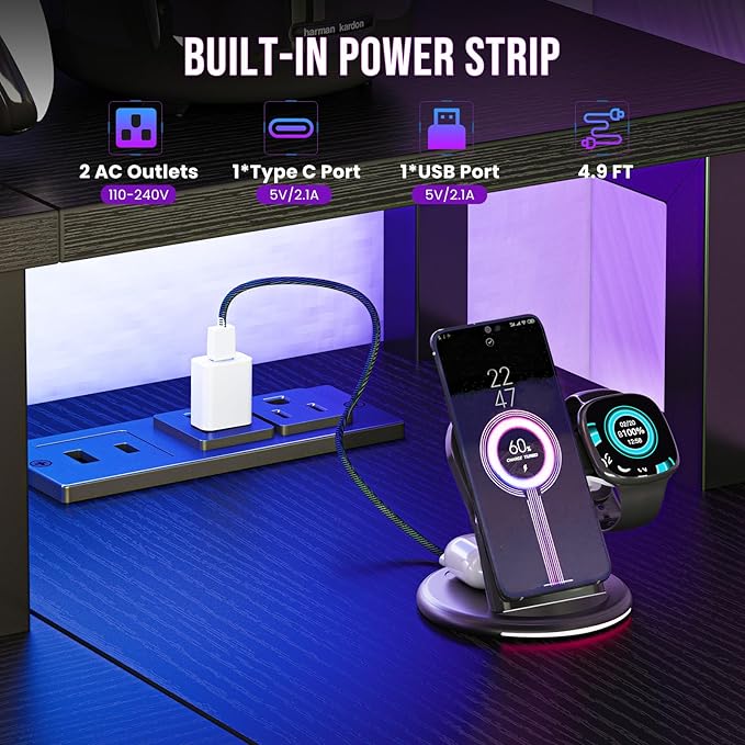 DUMOS 53” Gaming Desk with USB Charging Ports & LED Lights, Reversible L Shaped Desks Computer Corner Gamer Table with Power Outlets Monitor Stand Storage Shelves for Home Office Small Space, Black