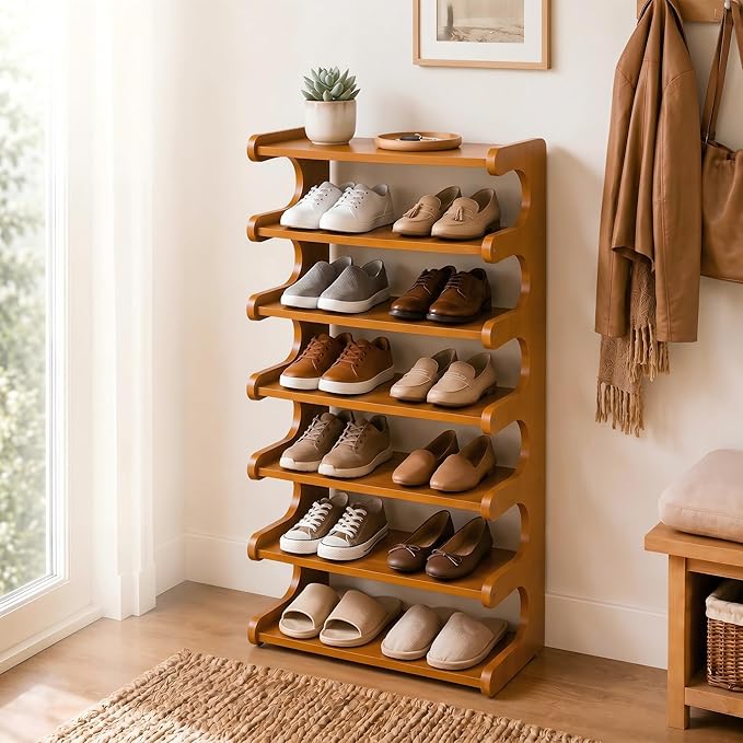 Narrow Shoe Rack for Entryway,Corner Shoe Rack— Wooden, Freestanding, Multi-Tier Shoe Storage Units Suitable for Entryways, Hallways, Bedrooms, Living Room Corners, and Compact Spaces (7 Tier/19.7"W)