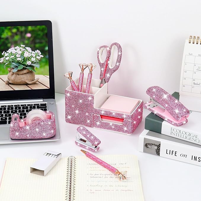 MultiBey 7 Pcs Pink Bling Rhinestone Desk Accessories Set, Crystal Office Stationery Kit with Stapler, Tape Dispenser, Scissors, Drawer Organizer - Glamorous Gift for Home School Office Supplies