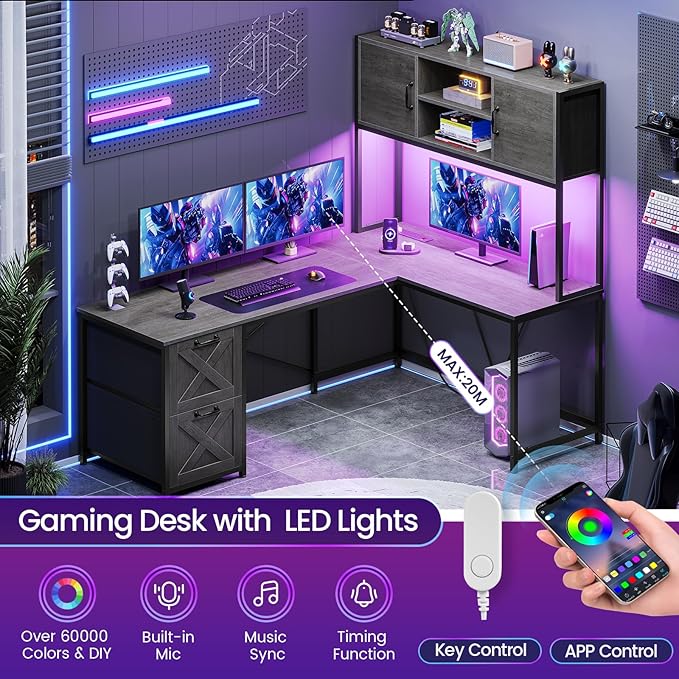 SEDETA L Shaped Gaming Desk, Reversible Computer Desk with Fabric Drawers and Power Outlet, Gaming Desk with Led Lights, Hutch and Storage Shelf for Home Office, Grey