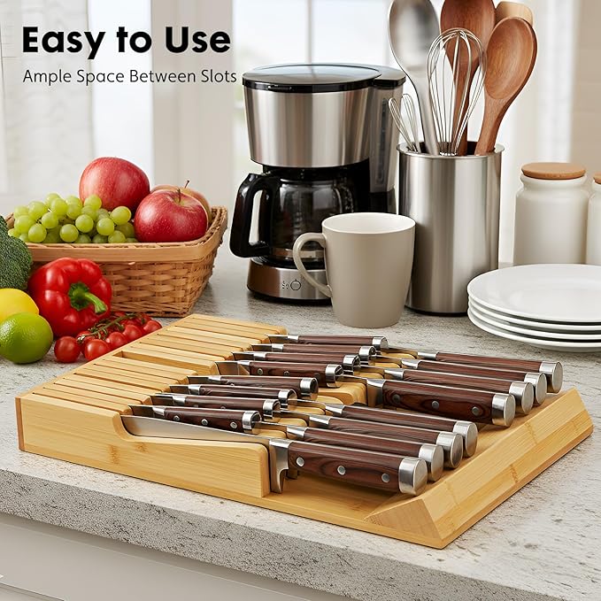 Bamboo Kitchen Drawer Knife Holder, In-drawer Knife Block, Knife Drawer Organizer fit for 16 knives and 1 steel sharpening