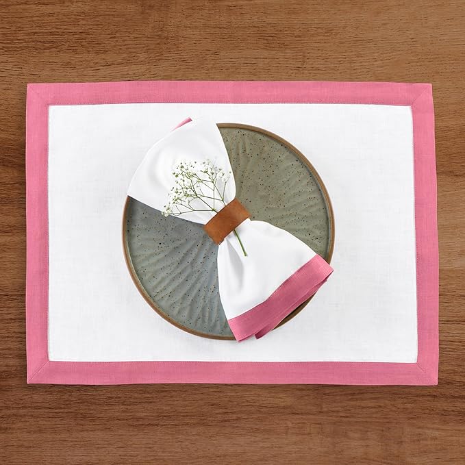 Solino Home Linen Cloth Napkins Set of 4-100% Pure Linen Pink Carnation and White Dinner Napkins 20 x 20 Inch for Spring, Summer - Classic, Handcrafted and Machine Washable