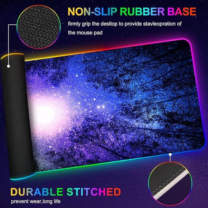 ARTSO Gaming Mouse Pad RGB Starry Sky, Forest Large Mousepad with Non-Slip Rubber Base, Cool XXL Computer Desk Pad, 35.4 x15.7In Big Gaming LED Light Up Mouse Pad for Gamer