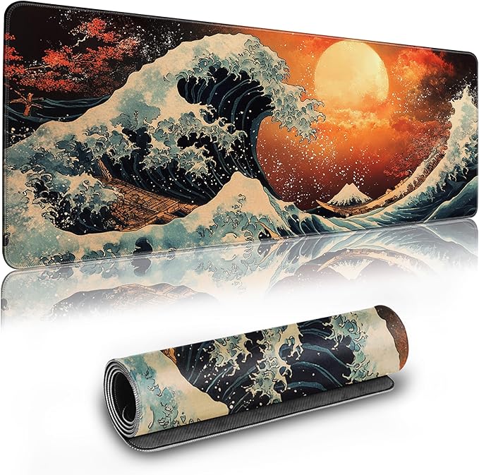 Long Gaming Mouse Pad Extended Anime Large Desk Pad with Non-Slip Base Full Keyboard Mat with Stitched Edges for Gaming and Office 31.5 x 11.8 inches (Orange Wave)