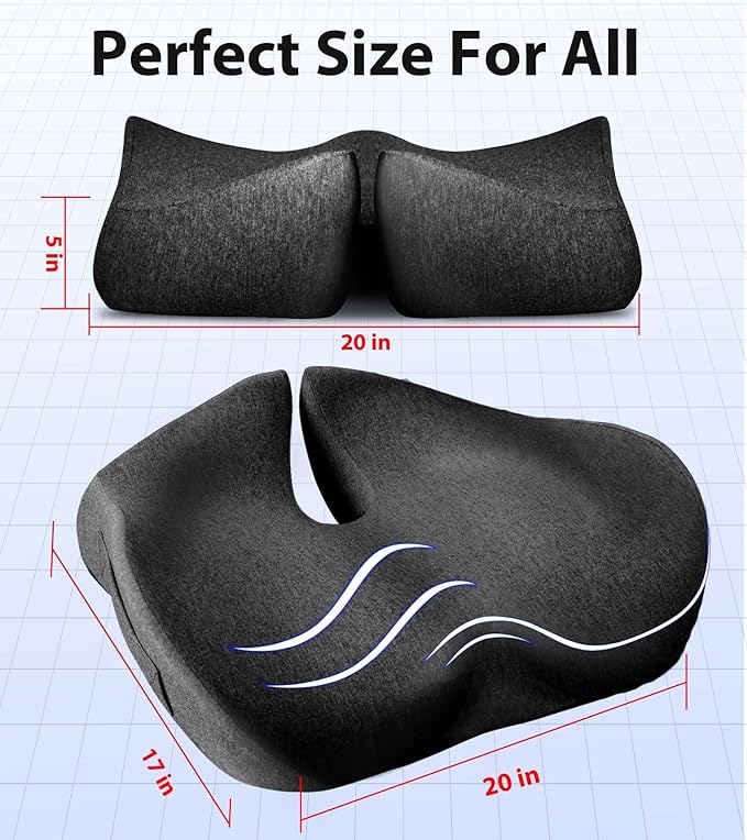 Seat Cushion, Memory Foam Pressure Relief Coccyx Cushion for Tailbone Pain, Extra-Large Butt Pad for Office Chair, Car Seat, and Gaming Chair Pain Relief, Extra Cover