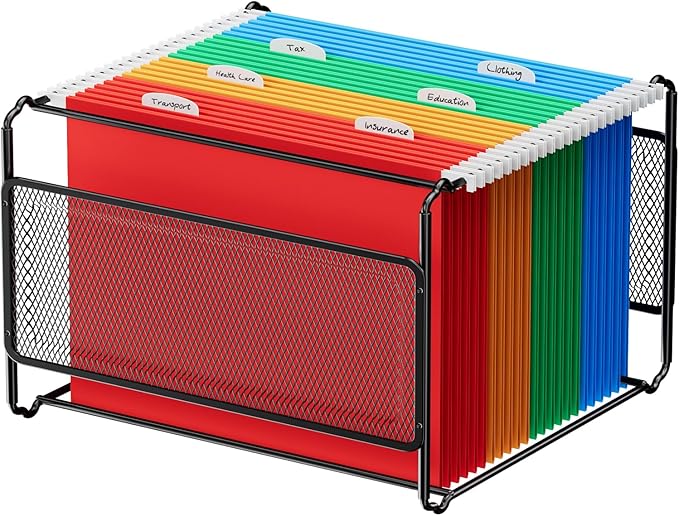 MaxGear Hanging File Organizer Box, Letter Size Hanging Folder Organizer with Smooth Rails, Metal Filing Box for Hanging File Folders, Mesh File Storage Box for Desk, Office, School, Home, Black