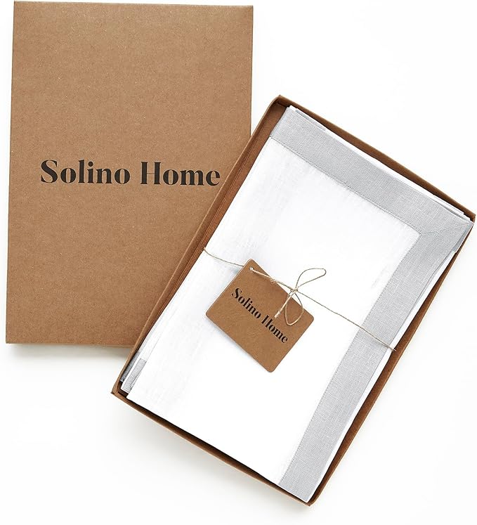 Solino Home Linen Cloth Napkins Set of 4-100% Pure Linen Soft Grey and White Dinner Napkins 20 x 20 Inch for Spring, Summer - Classic, Handcrafted and Machine Washable