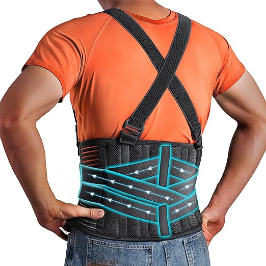 Work Back Brace with Removable Suspender Straps, Lumbar Posture Corrector for Heavy Lifting Safety Protector, Back Support Belt for Men Women in Moving, Construction and Warehouse Jobs Large