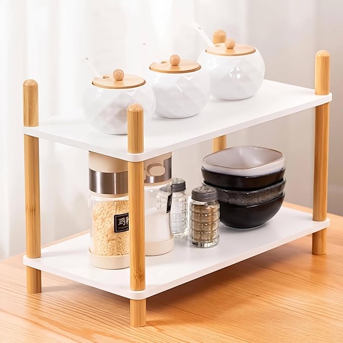 2-Tier Expandable Bamboo Desktop Organizer Shelf Kitchen Cabinet and Counter Riser Display Shelf for Top of Desk Home Office Bathroom Coffee Table Display Stand White