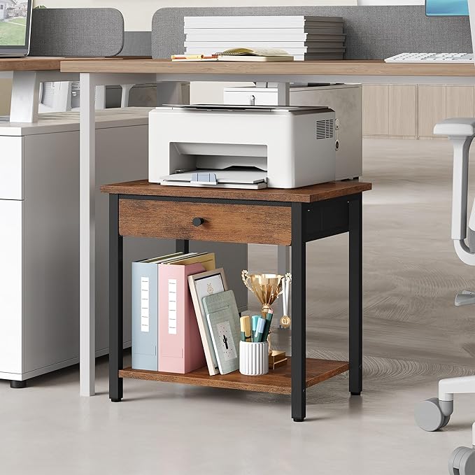 Gewudraw Printer Stand with Storage Drawer, 2-Tier Under Desk Printer Table, Shelf for Home Office, Living Room, Bedroom, Bathroom,Brown