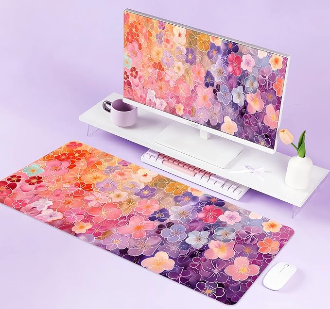 Colorful Flower Large Mouse Pad for Laptop, Pink Purple Red and Gold Pattern Desk Mats for Desktop, Watercolor Beautiful Floral Computer Desk Pad, Non-Slip Rubber Base Desktop Mat, 31.5 x 11.8 inches