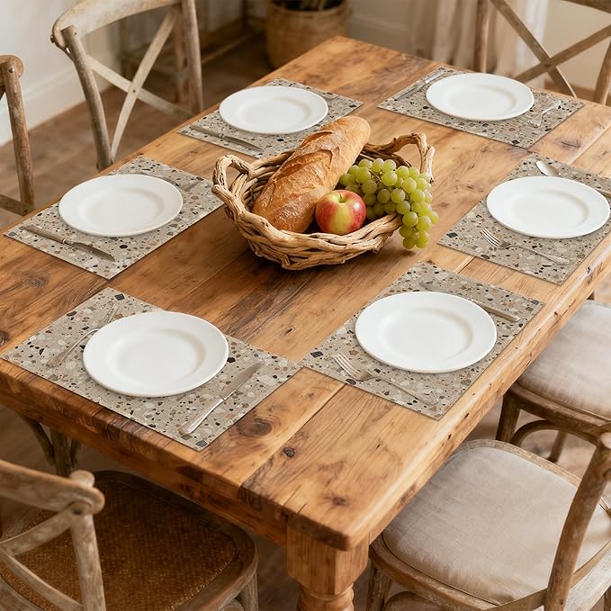 Terrazzo Granito Pattern Linen Placemats Set of 6, Decorative Table Mats 12x18 Inch, Washable Heat Resistant Placemats for Dining Table Kitchen Home Decor