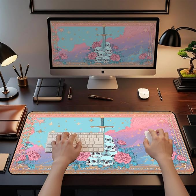 Pink Gothic Desk Mat, Soft Rose Flower Gaming Mouse Pad, Dreamy Colorful Starry Sky Desk Pad Mouse Mats, Funny Desk Protector Mat, Cute Office Desk Decor Accessories for Female Girls 31.5"X15.7"