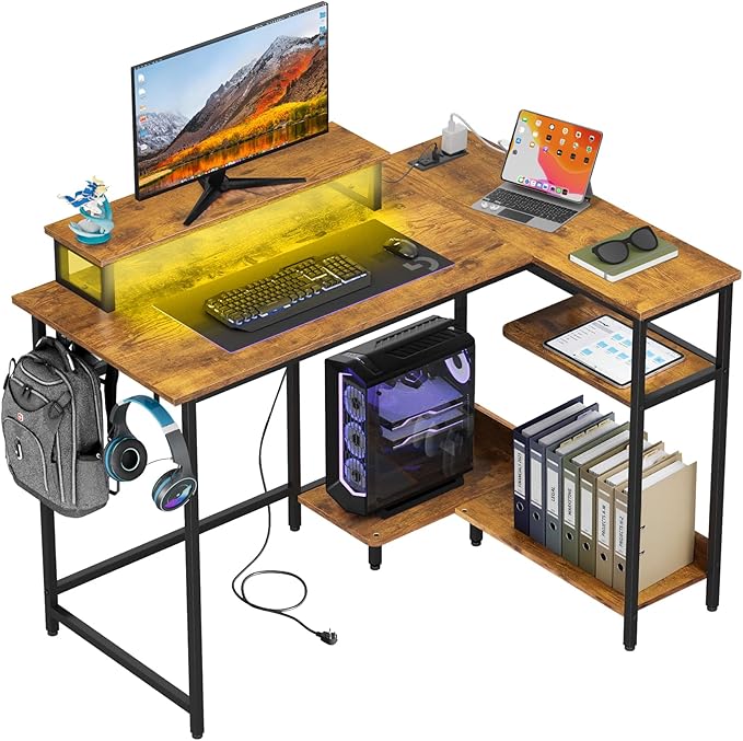 DEVAISE Compact 43" L Shaped Gaming Desk with LED Lights and Power Outlets - Corner Computer Table with Monitor Stand and Storage Shelves for Work and Gaming, Rustic Brown