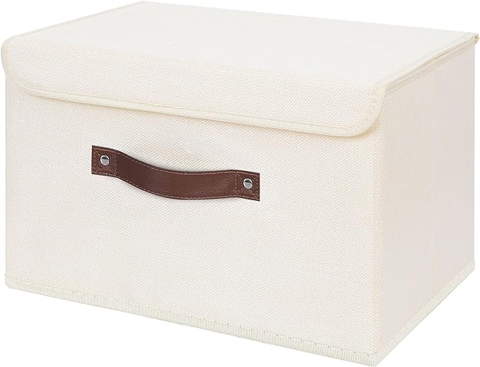 ANMINY Storage Bin with Lid Storage Boxes with PU Leather Handles PP Plastic Board Decorative Foldable Lidded Cotton Linen Fabric Home Cubes Baskets Closet Organizer Container - Beige, Large Size