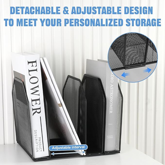 RETON 2 Pack Mesh File Sorter Organizer for Desktop, 5-Section Black Metal Vertical Desk File Organizer, Adjustable Upright Bookshelf File Holder Stand for Office Home Classroom Documents Books