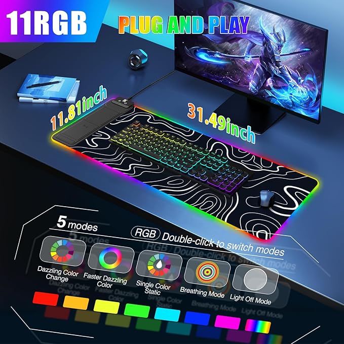 RGB Mouse Pad with Foldable Phone Stand Wireless Charger, 31.5"x11.8" XL Gaming Mousepad Large Desk Mat, Desk Pad with 11 Colors 5 Modes, Waterproof (Topographic Print)