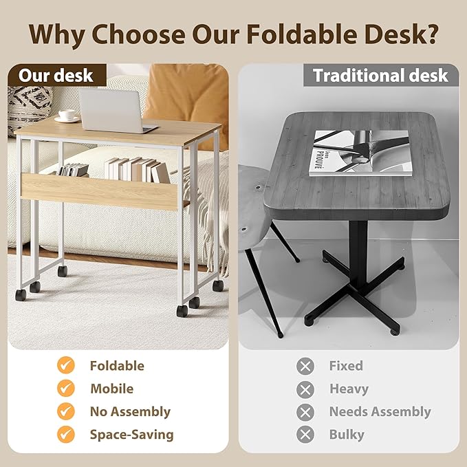 GarveeHome Folding Desk Small Rolling Desk with Storage Shelf,31.5 Inch Foldable Computer Table with Wheels,Portable Office Desk for Small Space Sofa Table,Easy to Fold