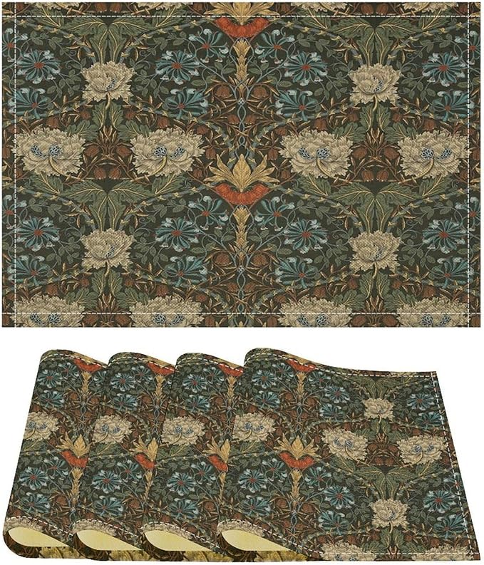 William Morris Floral Placemats Vintage Flower Art Style Boho Chic Retro Floral Linen Washable Table Mats Stain Heat-Resistant Desktop Decor Place Mats for Home Kitchen Dining Party 12x18 in 6 Pcs
