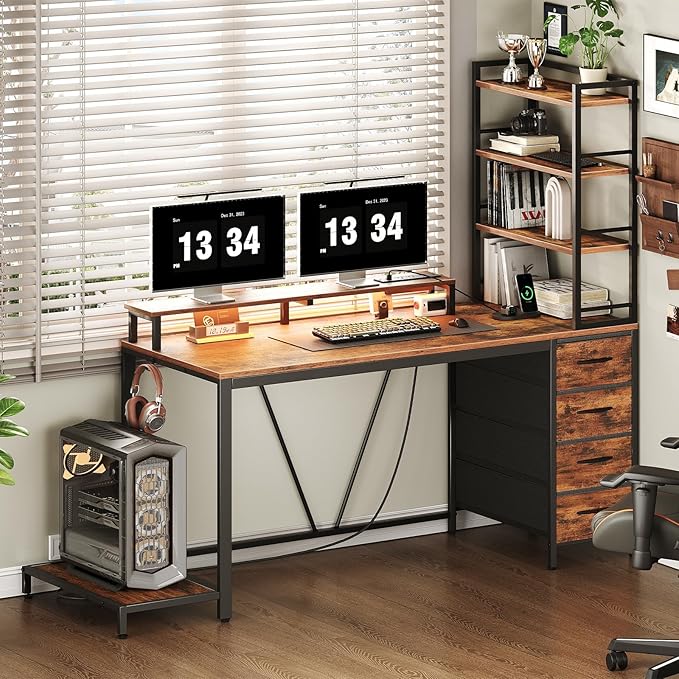 RALGEND Computer Desk with Shelves and Drawers, 43.3 Inch Gaming Desk with Charging Station and LED Lights, Desk Workstation with Monitor Stand and Storage for Home Office, Rustic Brown