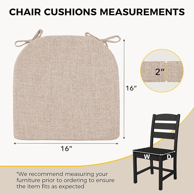 downluxe Indoor Chair Cushions for Dining Chairs,Kitchen Chair Pads with Ties and Non-Slip Backing, 16" x 16" x 2", Oatmeal Beige, 2 Pack