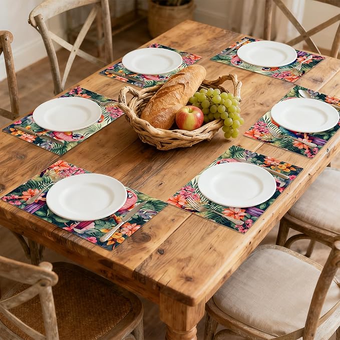 Placemats Set of 6, Tropical Parrot Forest Linen Placemats 12x18 Inch, Heat Resistant Table Mats, Washable Non Slip Place Mats for Dining Table Kitchen Home