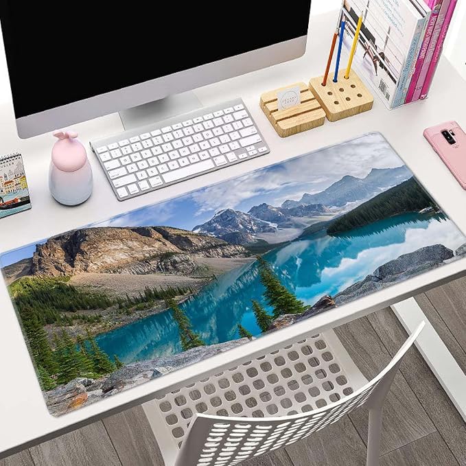 Large Gaming Mouse Pad with Stitched Edges, Rocky Mountains Desk Mat, Extended Keyboard Pad, Non-Slip Rubber Base Desk Pad for Keyboard and Mouse, 31.5X11.8 inch