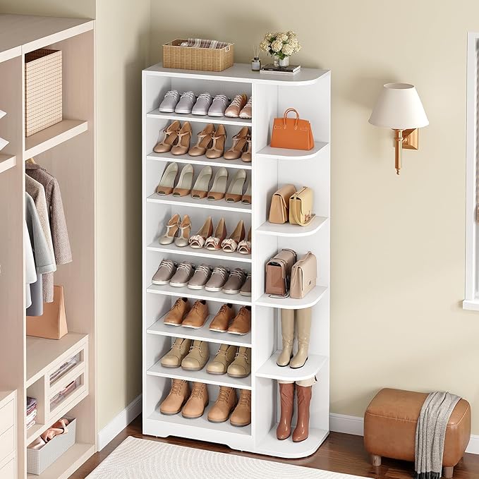 YATINEY Tall Shoe Rack, Multifunctional Shoe Cabinet with Open Storage, Entryway Shoe Organizer for Closet, 9-Tier Wooden Shoe Storage Closet with Adjustable Shelves, White SC22WT
