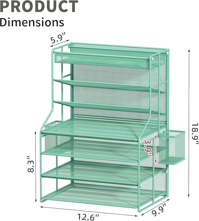 White 7 Tier Desktop File Organizer, Letter Tray Paper Organizer with Pen Holder and Metal Hanging Basket, Adjustable Vertical Desk Organizer for Office Desk Accessories