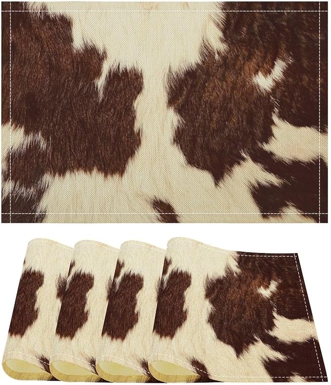 Cow Fur Placemats Farmhouse Western Farm Animal Skin Brow and White Cowhide Print Linen Washable Table Mats Stain Heat-Resistant Desktop Decor Place Mats for Home Kitchen Dining Party 12x18 in 6 Pcs