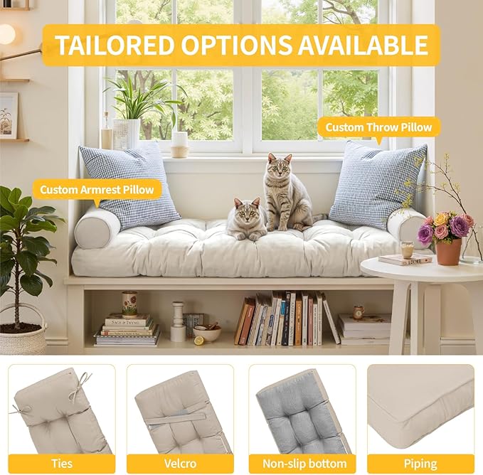 Detiblue Custom Bench Cushion - Indoor/Outdoor Tufted Non-Slip Cushions, Piano Bench/Bay Window/Porch Swing Seat Cushions, Customizable Size/Fabric/Color/Non-Slip/Piping