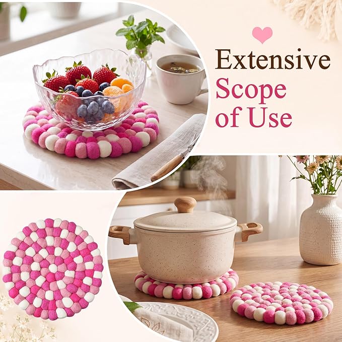 Lallisa 2 Pieces Felt Ball Trivet Round Felt Ball Coasters Handmade Trivet Multi Color Pot Mat Hot Plate Holder Heat Resistant Pot Holder for Table Desk Kitchen Decoration Accessories(Pink)