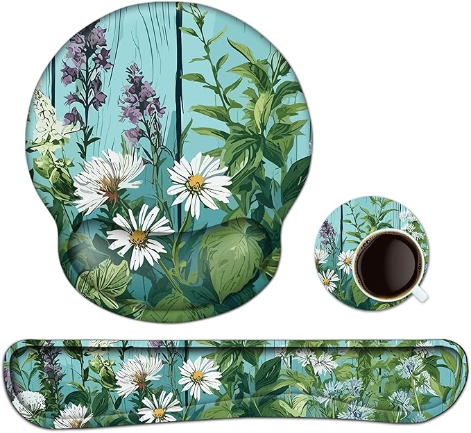 Keyboard Wrist Rest, Ergonomic Mouse Pad Wrist Support, Memory Foam Wrist Rest, Anti-Slip Base, Mousepad with Coaster for Computer Keyboard Office Home, Green Plant Flowers