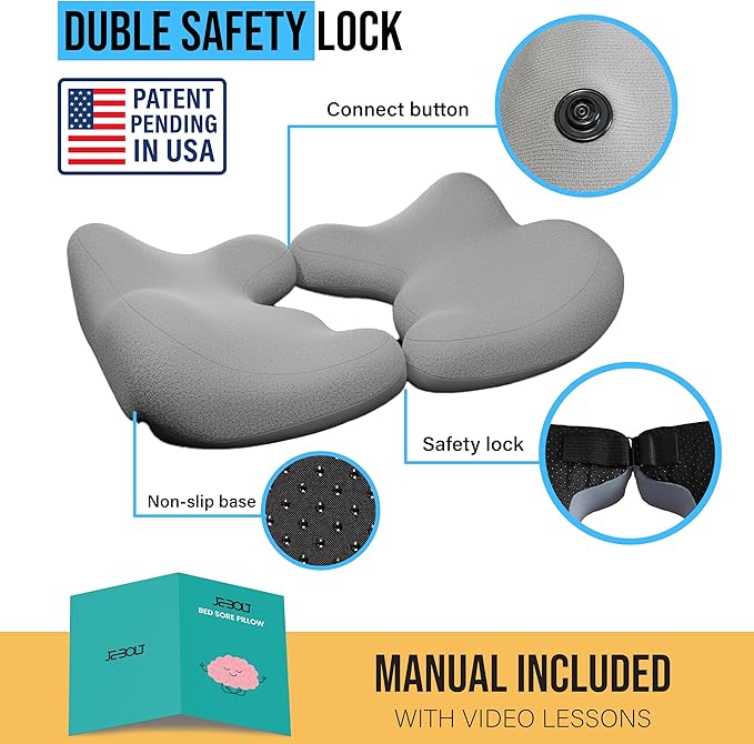 Memory Foam Bed Sore Cushion with T-Shaped Cutout – Pressure Relief Pillow for Tailbone, Coccyx & Butt | Dual-Piece Design with Massage Tool & Washable Cover for Sitting or Lying (Grey)