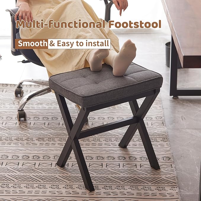 Foot Stool Small Ottoman Foot Rest Padded Foot Stool Desk for Under Office Desk Vanity Stool Bamboo Footstool Sofa Footrest Shoe Stool Small Foot Stools (Black Legs + Gray)