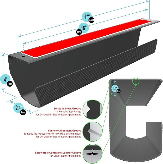 Cable Management Tray, Under-Desk, On-Wall or Side-of-Desk, 17x4x2.4”, 2-PK, Hide & Organize Your Cables, Power Supplies and Power Strips, Bonus 10-Pk Cable Ties