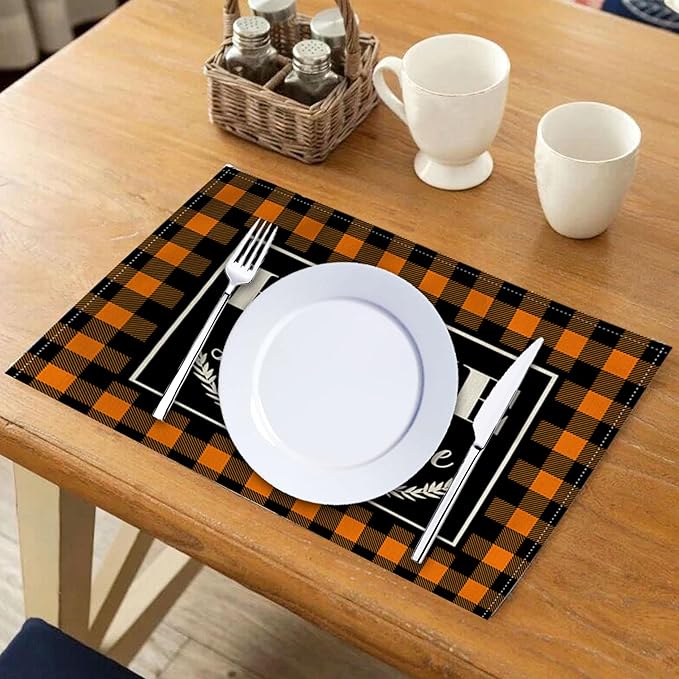 4Pack Farmhouse Decor Placemats Orange White Buffalo Plaid Kitchen Inspirational Quotes Decor Table Mats Waterproof Heat Resistant Washable Non-Slip Place Mats for Dinner Kitchen Decor Table 12”×16”