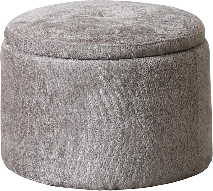 Modern Round Storage Ottoman, Chenille Ottoman Foot Stools, Ottoman Footstool with Removable Lid, Storage Ottoman for Living Room, Multi-Functional Footrest, Dark Grey