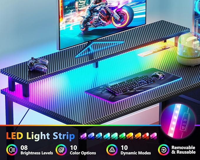 Casaottima 52 Inch Gaming Desk with USB Charging Ports & LED Light - Reversible Computer Desk with 3 Fabric Drawers, Monitor Stand, CPU Stand, Modern Office Desk, Black