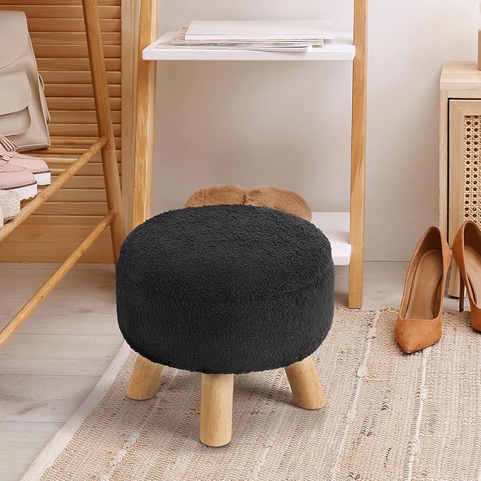 OGEMXU Ottoman Foot Rest, Small Round Ottoman with Storage, Boucle Teddy Velvet Footstool with Wood Legs, Soft Sponge Storage Ottoman for Living Room, Bedroom, Couch, Enterway (Black)