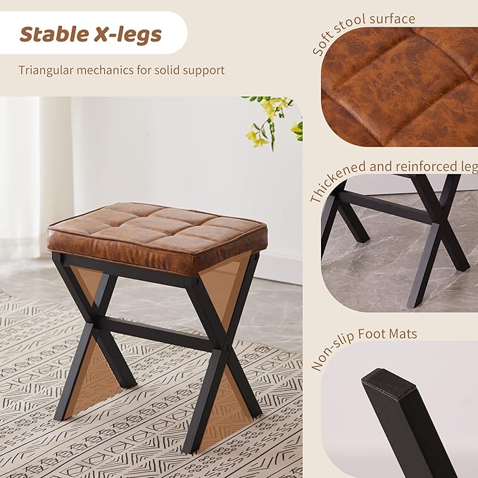 Foot Stool Small Ottoman Foot Rest Padded Foot Stool Desk for Under Office Desk Vanity Stool Bamboo Footstool Sofa Footrest Shoe Stool Small Foot Stools (Black Legs + Patterned Brown)
