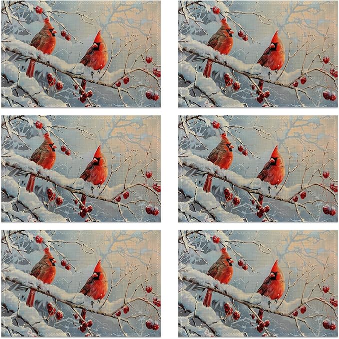 Red Cardinal Bird Christmas Placemats Set of 6 Linen Table Mats, 12x18 Inch Washable Placemats for Dining Table, Non Slip Heat Resistant Mats for Kitchen Home Decor