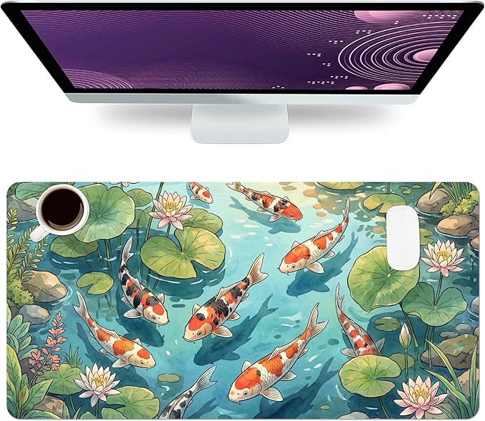 Cute Desk Mat, Koi Fish Large Mouse Pad for Desktop, PU Leather Waterproof Desk Pad, Anti-Slip Computer PC Laptop Protector Gaming Mouse Pads for Office Home Decorations (27.5" x 13.8")