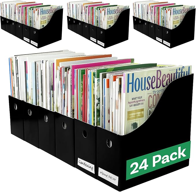 Evelots Magazine File Holder - Set of 24 Black - Office Desk Organizer - Sturdy Cardboard - New Upgraded Double Front Panel for More Stability - Full 4 Inch Wide - Easy Assemble